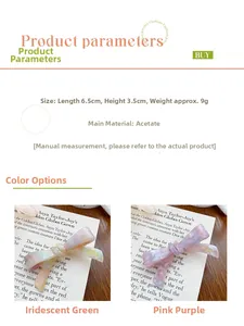 Detail of acetic acid bow hair clips in green and purple colors with 6.5cm dimensions