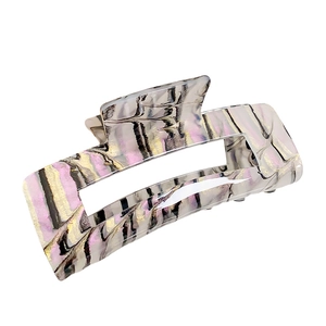 Minimalist large rectangular marble ink hair claw clip with black and white acrylic pattern