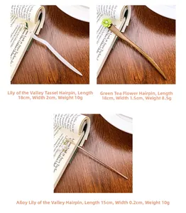 Detailed size view of traditional Chinese hair pins with floral tassels and dimensions