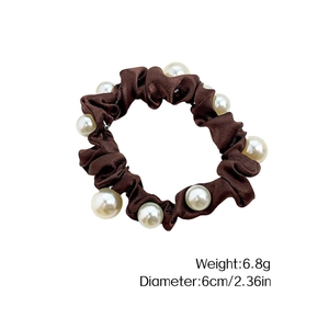 Elegant dark brown satin scrunchie with faux pearls for high ponytails and buns