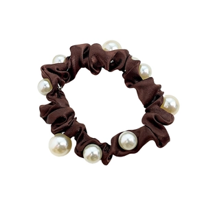 Elegant dark brown satin scrunchie with large faux pearls for women hair accessories