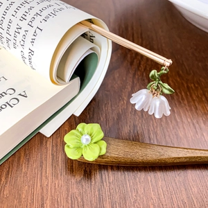 Vintage Chinese hairpins with lily-of-the-valley pendants and green floral wooden stick