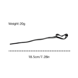 Minimalist dark grey metal hair pin with twisted curve design, 18.5cm length and 20g weight