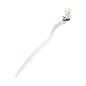 Elegant lily of the valley hair stick with white resin flowers and wavy acetate handle
