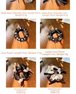 Detail of diverse lace and pearl hair ties showing size measurements on wood surface