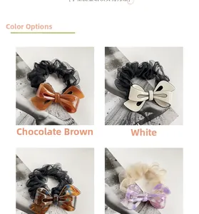 Detail showing oversized organza bow scrunchies in four stylish assorted colors