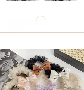 Detail showing oversized resin bow hair ties with translucent organza scrunchies in multiple colors