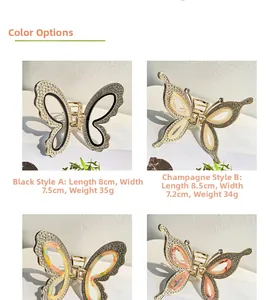 Detailed view of metal butterfly hair claws with rhinestone inlay in multiple colors