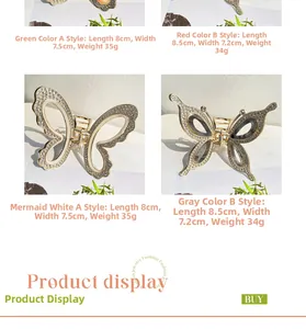 Macro view of metallic butterfly hair claw clips with rhinestones in four assorted colors