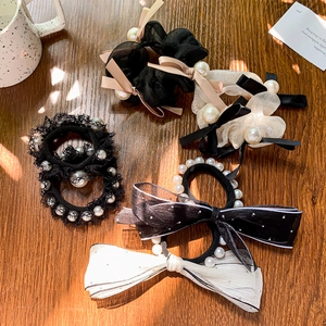 Elegant Organza Bow Knot Hair Scrunchie With Faux Artificial Pearl Vintage Lace Hair Ties Elastic Ponytail Holder Women Jewelry