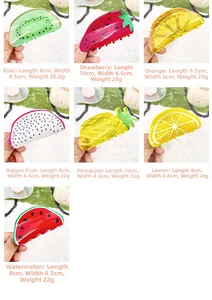 Detailed size chart showing 8-10cm colorful acrylic fruit hair claws in various styles