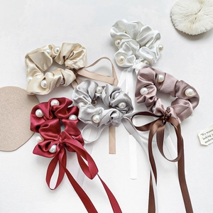 Chouchou en Satin Rétro Avec Nœud et Fausse Künstliche Perle Ruban Élastique Cheveux Élégant Anneau Cheveux Couleur Unie Pour Femmes Filles