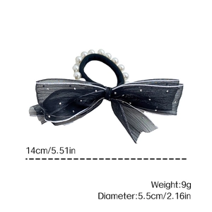 Elegant black bow hair tie with white pearls and polka dot mesh ribbon accessory