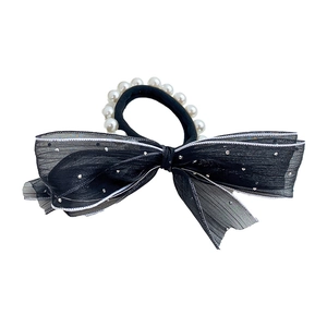 Elegant black mesh bow hair tie with pearls and sparkling rhinestones on a white base