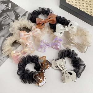 Women Elegant Bow Knot Organza Scrunchies Fashion Hair Tie With Acetate Marble Texture Ornament Gentle Ponytail Holder