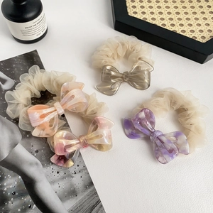 Elegant organza scrunchies set with marble texture acetate bows and soft lace fabric