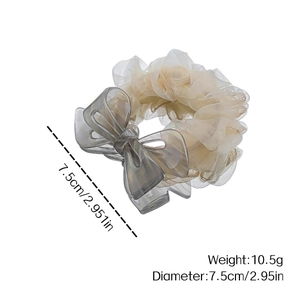 Elegant cream organza bow scrunchie hair tie with light gray translucent hair claw clip