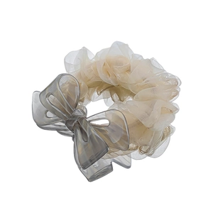 Elegant grey acetate bow and beige lace organza scrunchie hair tie for women