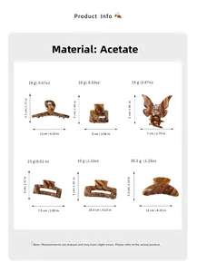 Size guide for acetate hair claws showing dimensions and weights of various tortoiseshell clips