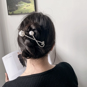 Elegant baroque pearl hair clip for bun styling with silver metal cross design for women