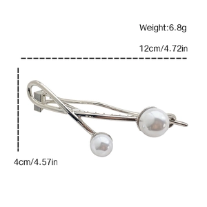 Baroque pearl silver hair clip with minimalist twisted metal design and dimensions info
