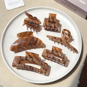 French Vintage Acetate Hair Claw Clip With Rhinestone Flower Pattern Striped Brown Tortoiseshell Shark Clip For Women Hair Jewelry