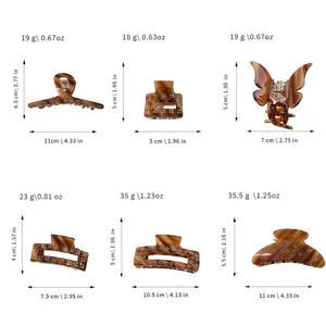 Size chart showing six styles of tortoise shell hair claw clips with rhinestones