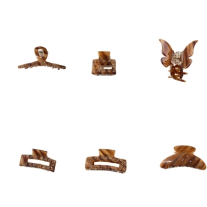 Set of 6 tortoise shell acetate hair claws with rhinestone accents in various shapes