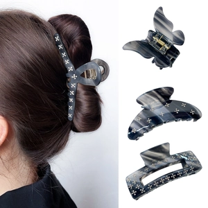 Grey marble acetate hair claw clip set with sparkling rhinestones in three elegant shapes