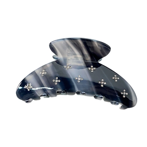 Blue marble acetate hair claw clip with floral rhinestones for women, large hair catch