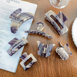 Pinces à Cheveux de Luxe en Acétate Motif de Marbre Violet Strass Papillon Barrettes Carrées Accessoires de Mode pour Femmes