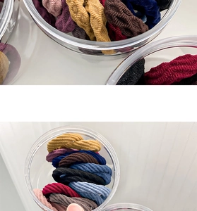 Macro shot of seamless high-elastic hair ties in various colors with a ribbed texture