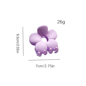 Pince à cheveux fleur violette givrée avec texture mate et dimensions en cm et en pouces