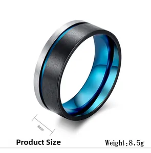 Detail view of 8mm brushed black and blue stainless steel matte ring for men