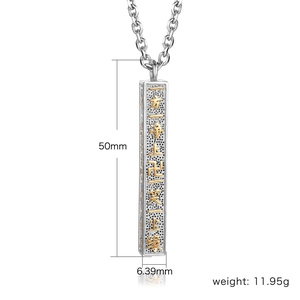 Detailed view of long bar pendant with Zen Buddhist script and size dimensions