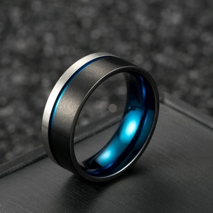 Men's blue and black brushed matte stainless steel ring with modern industrial design