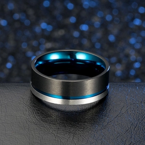 Three-tone brushed black and blue stainless steel matte ring for stylish men wear