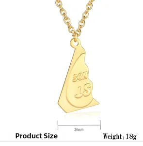 Close-up of golden geometric pendant with SON IS engraving and 20mm width detail