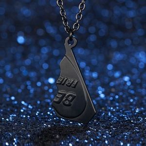 Matte black half-heart necklace for men with Best Friends engraving on a blue background