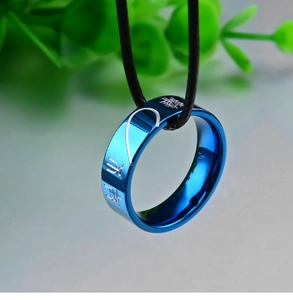 Blue polished stainless steel ring with Chinese calligraphy hanging on a black leather cord