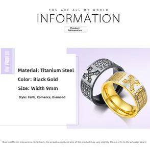 Detailed view of 9mm titanium steel cross rings with wave pattern and crystal accents