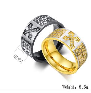 Detail shot of 9MM 18K gold plated stainless steel rings with cross and woven texture