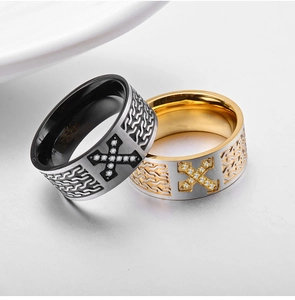 Two-tone stainless steel hip hop ring with diamond-set cross and woven texture band