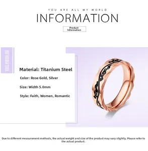 Detail of rose gold titanium steel ring featuring black vine engraving and faceted edges