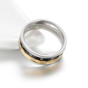 Detail of 304 stainless steel ring with spinning Roman numerals and zodiac symbols