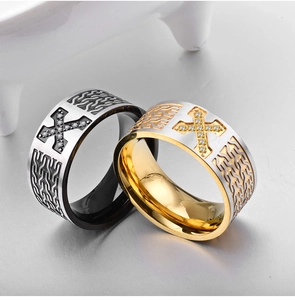 Engraved cross rings with 18K gold plating and pavé diamonds in hip-hop style