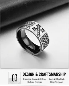 Polished stainless steel ring with diamond-set cross and etched wave texture for men