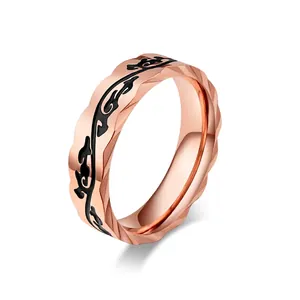 Vintage Vine Texture Stainless Steel Ring Mirror Polished Faceted Cut Couples Band Jewelry Steel Rose Gold Unisex Finger Ring