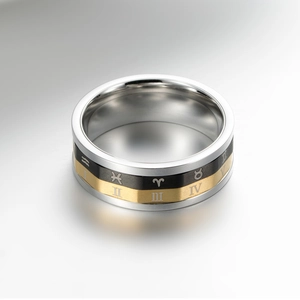 Rotatable 18K gold plated stainless steel ring with zodiac signs and Roman numerals