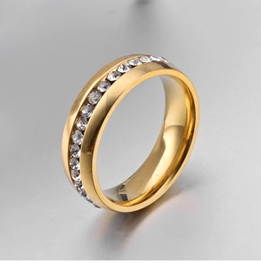 Polished 18K gold plated stainless steel ring featuring a continuous channel-set zircon band